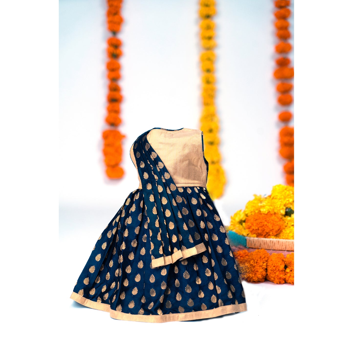Navy Blue Brocade Sari Frock